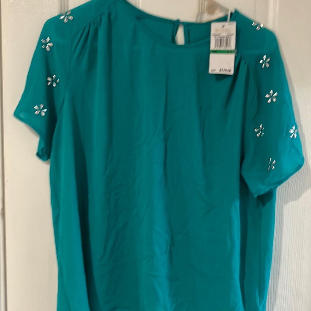 Turquoise short sleeve Michael Korr petite large blouse